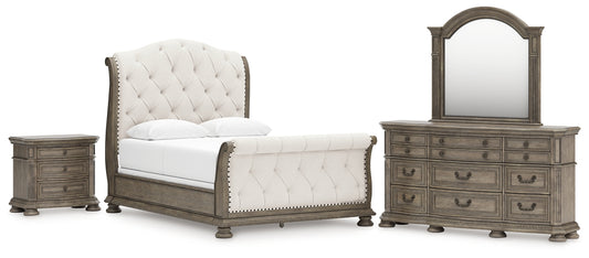 Ardenfield Queen Upholstered Sleigh Bed with Mirrored Dresser and Nightstand