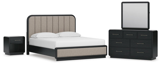 Rowanbeck California King Upholstered Panel Bed, Dresser, Mirror and Nightstand