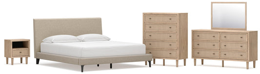 Cielden California King Upholstered Bed with Roll Slats, Dresser, Mirror, Chest and Nightstand