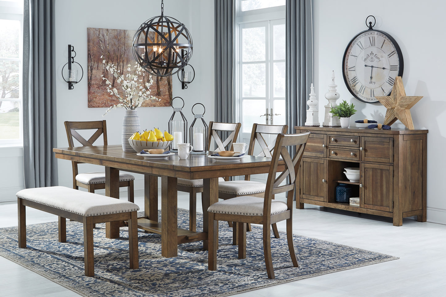 Moriville Dining Table and 4 Chairs and Bench Wilson Furniture (OH)  in Bridgeport, Ohio. Serving Bridgeport, Yorkville, Bellaire, & Avondale