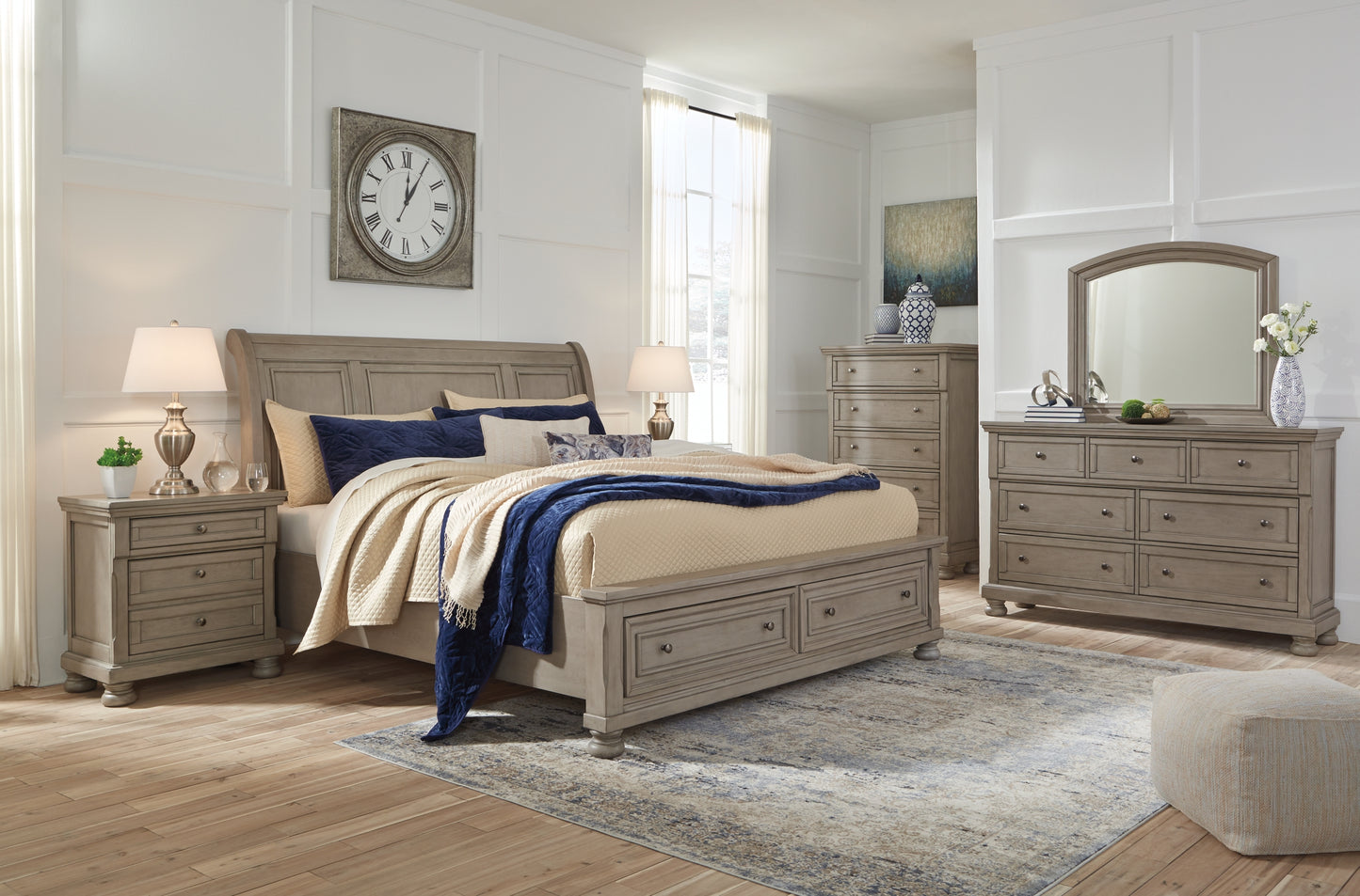 Lettner Queen Sleigh Bed with 2 Storage Drawers with Mirrored Dresser, Chest and Nightstand Wilson Furniture (OH)  in Bridgeport, Ohio. Serving Bridgeport, Yorkville, Bellaire, & Avondale