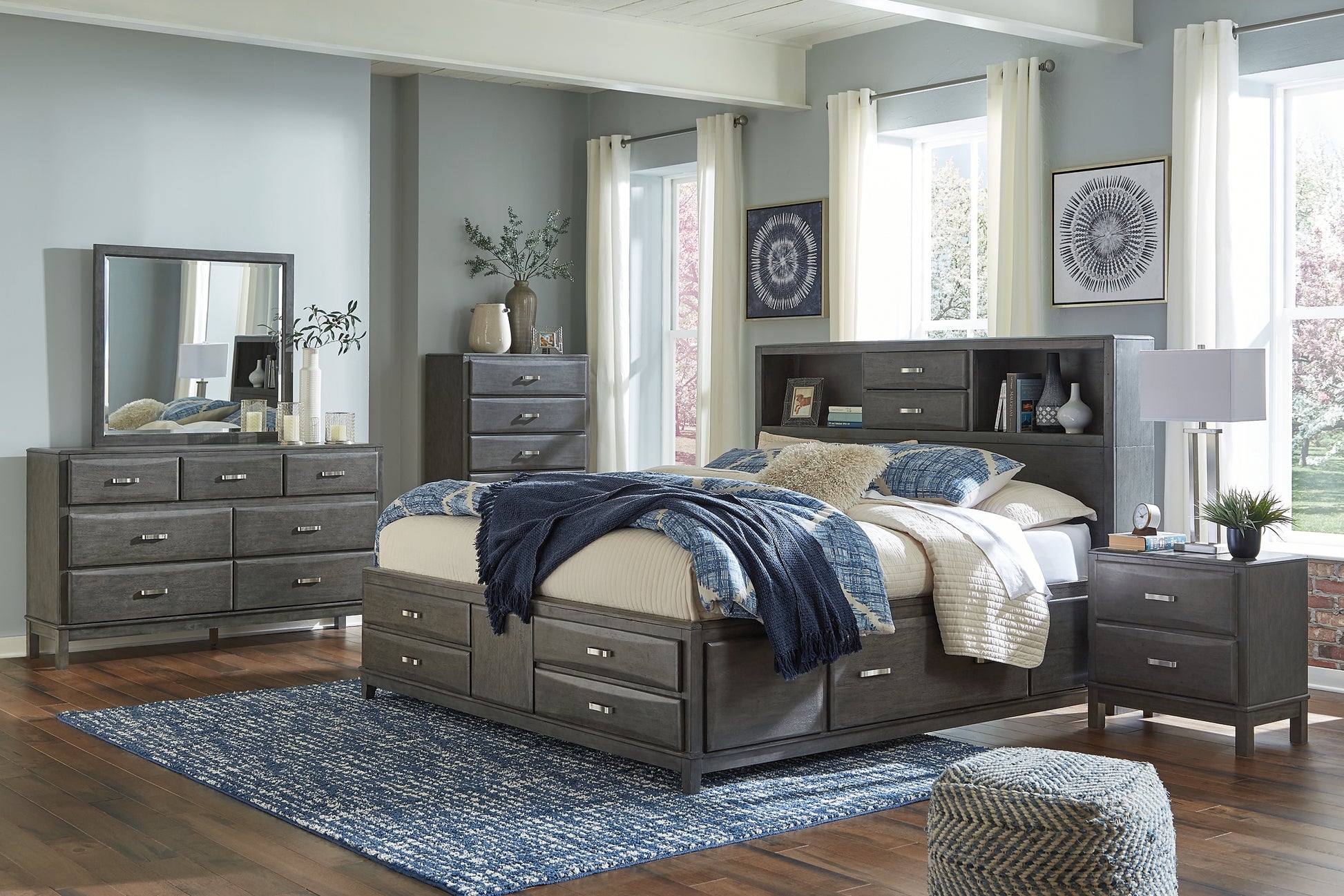 Caitbrook Queen Storage Bed with 8 Storage Drawers with Mirrored Dresser, Chest and Nightstand Wilson Furniture (OH)  in Bridgeport, Ohio. Serving Bridgeport, Yorkville, Bellaire, & Avondale