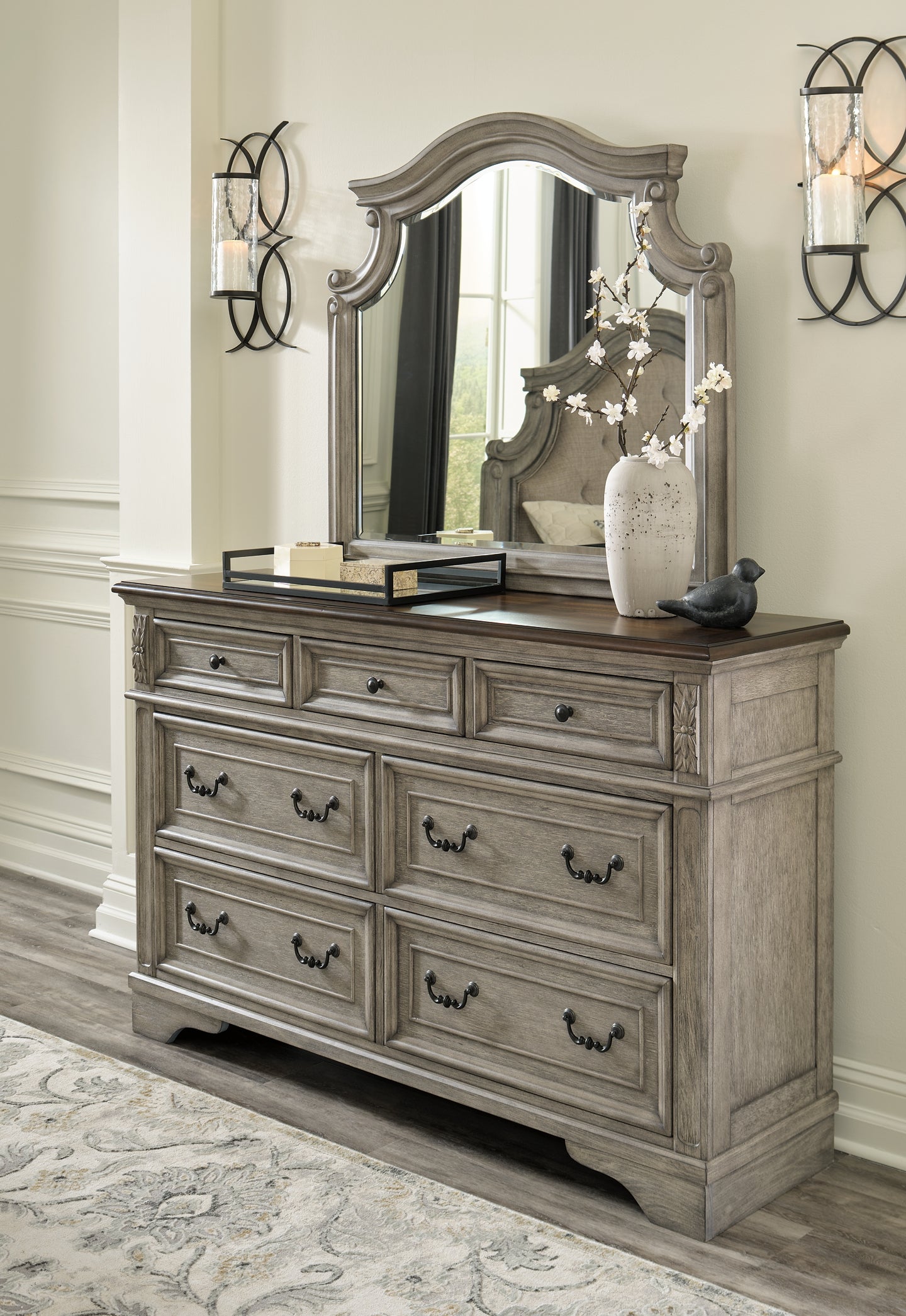 Lodenbay California King Panel Bed with Mirrored Dresser and 2 Nightstands Wilson Furniture (OH)  in Bridgeport, Ohio. Serving Bridgeport, Yorkville, Bellaire, & Avondale