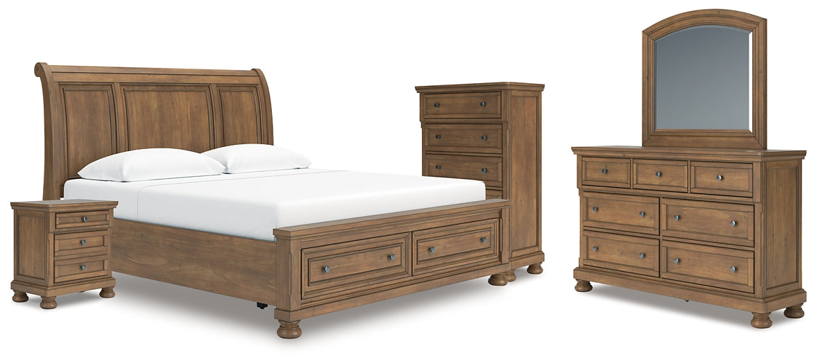Feddinger King Storage Sleigh Bed with Mirrored Dresser, Chest and Nightstand