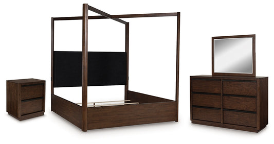 Dilenno King Canopy Bed with Mirrored Dresser and Nightstand