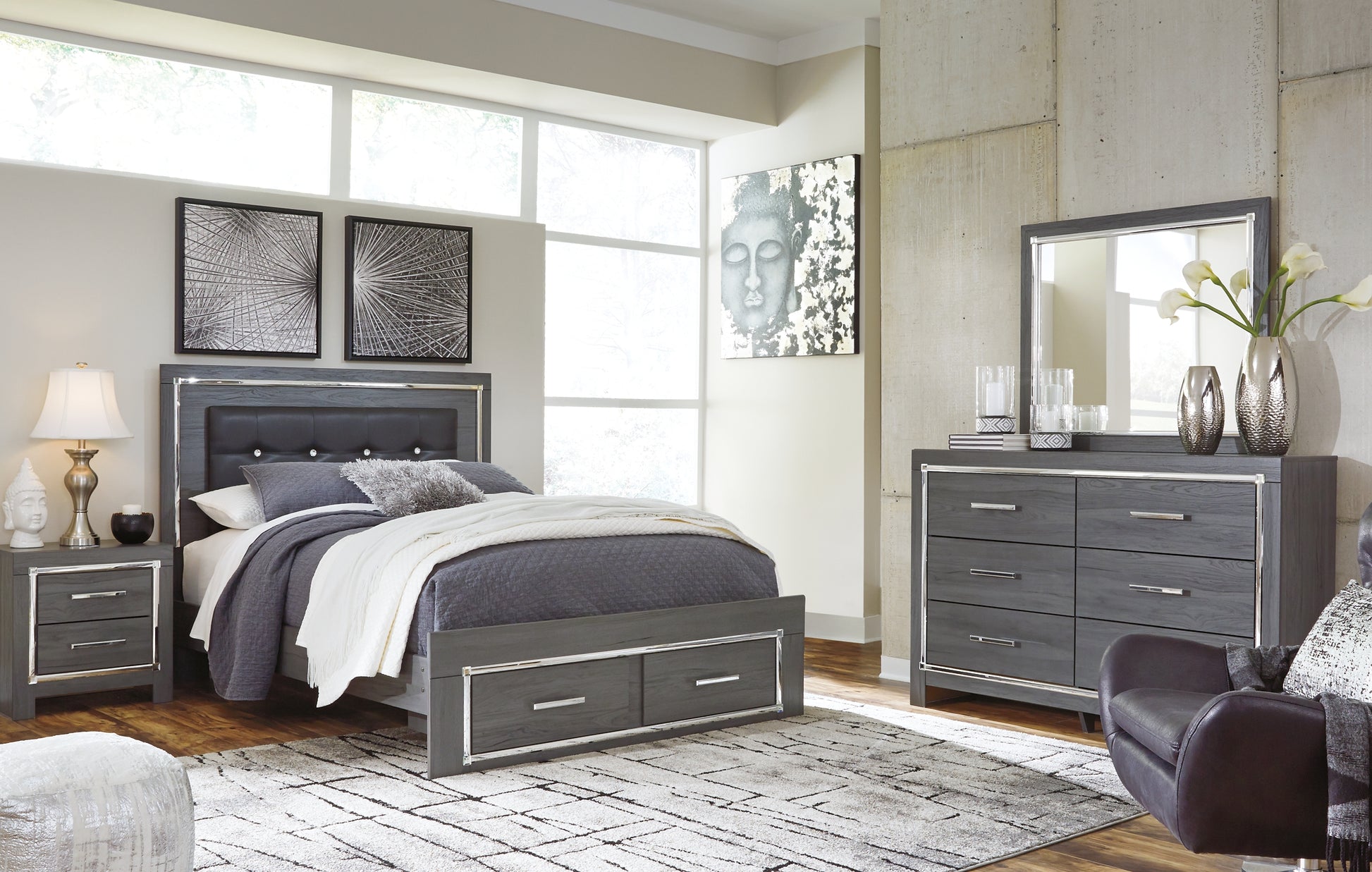 Lodanna Queen Panel Bed with 2 Storage Drawers with Mirrored Dresser, Chest and Nightstand Wilson Furniture (OH)  in Bridgeport, Ohio. Serving Bridgeport, Yorkville, Bellaire, & Avondale