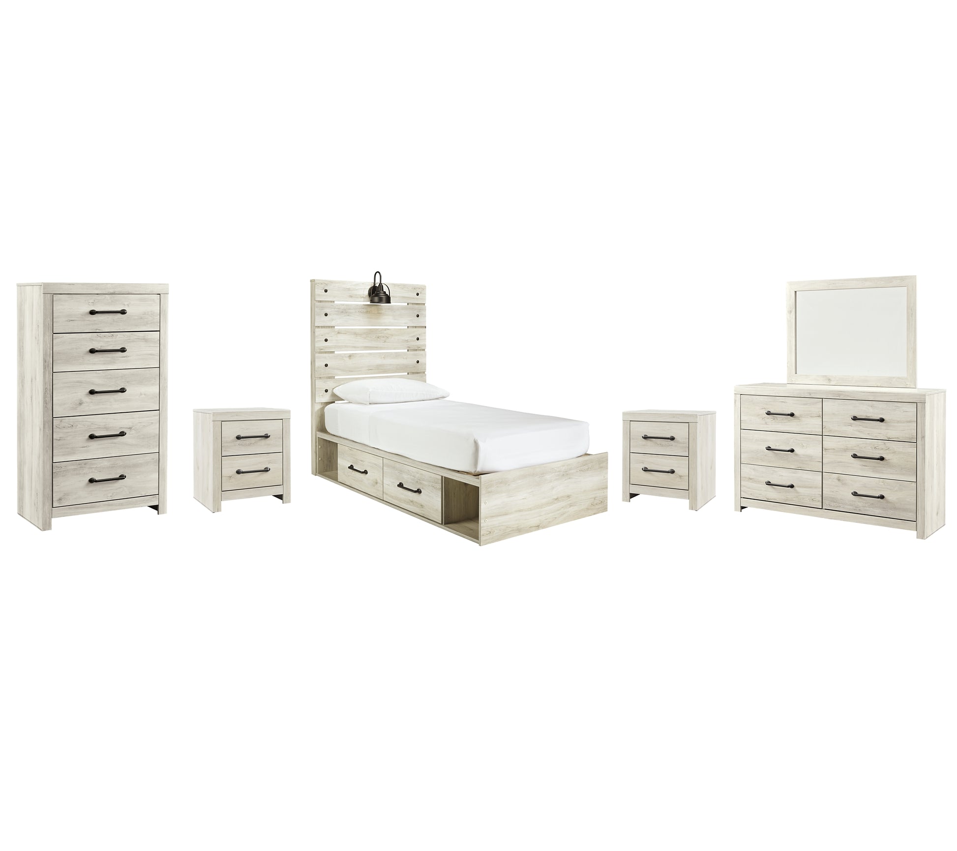 Cambeck Twin Panel Bed with 4 Storage Drawers with Mirrored Dresser, Chest and 2 Nightstands Wilson Furniture (OH)  in Bridgeport, Ohio. Serving Bridgeport, Yorkville, Bellaire, & Avondale