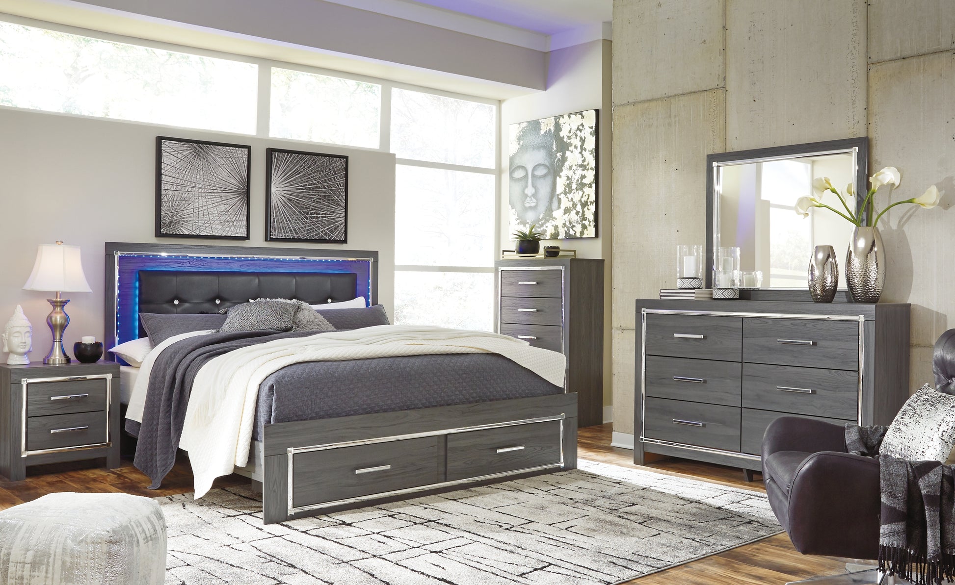 Lodanna King Panel Bed with 2 Storage Drawers with Mirrored Dresser and 2 Nightstands Wilson Furniture (OH)  in Bridgeport, Ohio. Serving Bridgeport, Yorkville, Bellaire, & Avondale