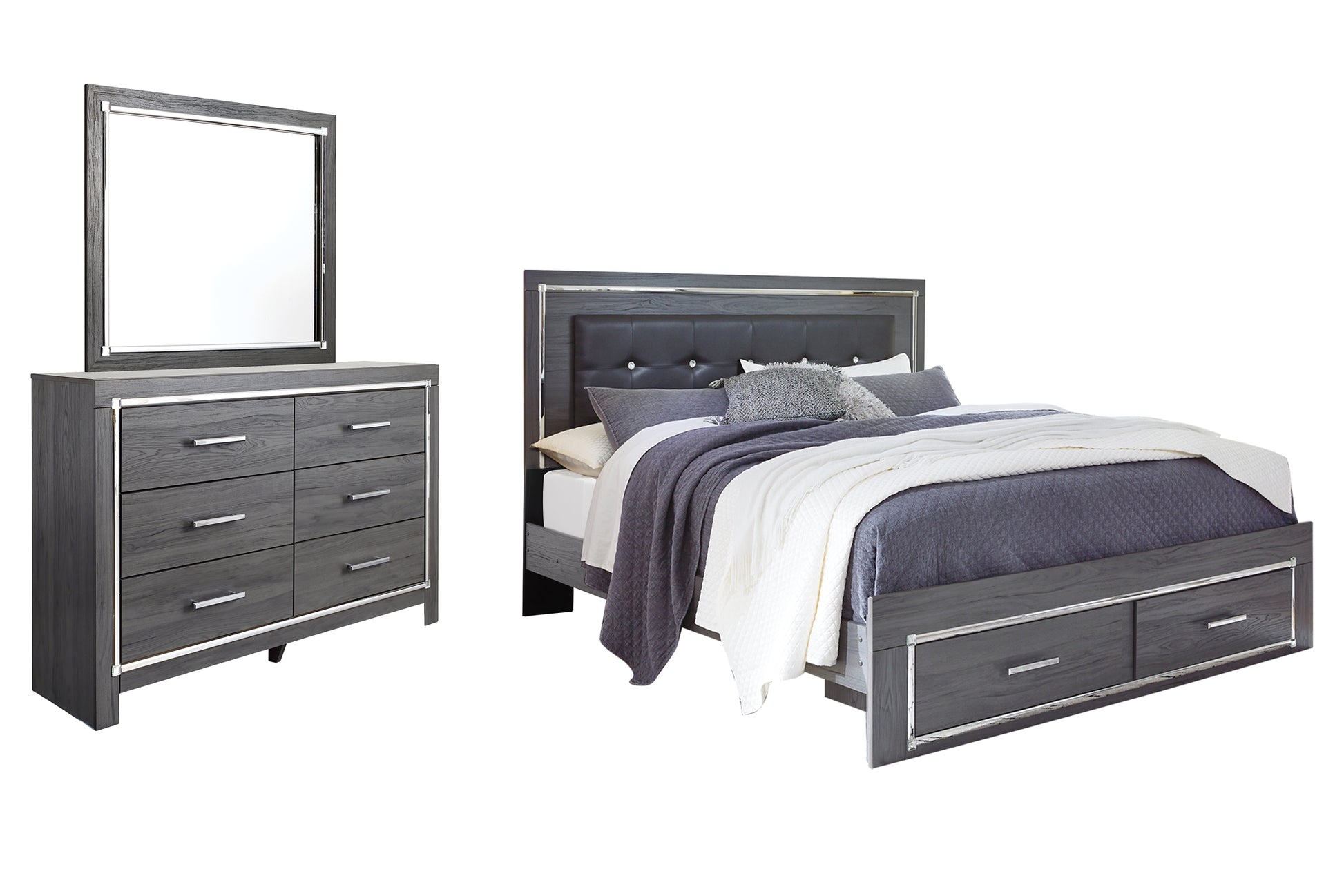 Lodanna King Panel Bed with 2 Storage Drawers with Mirrored Dresser Wilson Furniture (OH)  in Bridgeport, Ohio. Serving Bridgeport, Yorkville, Bellaire, & Avondale