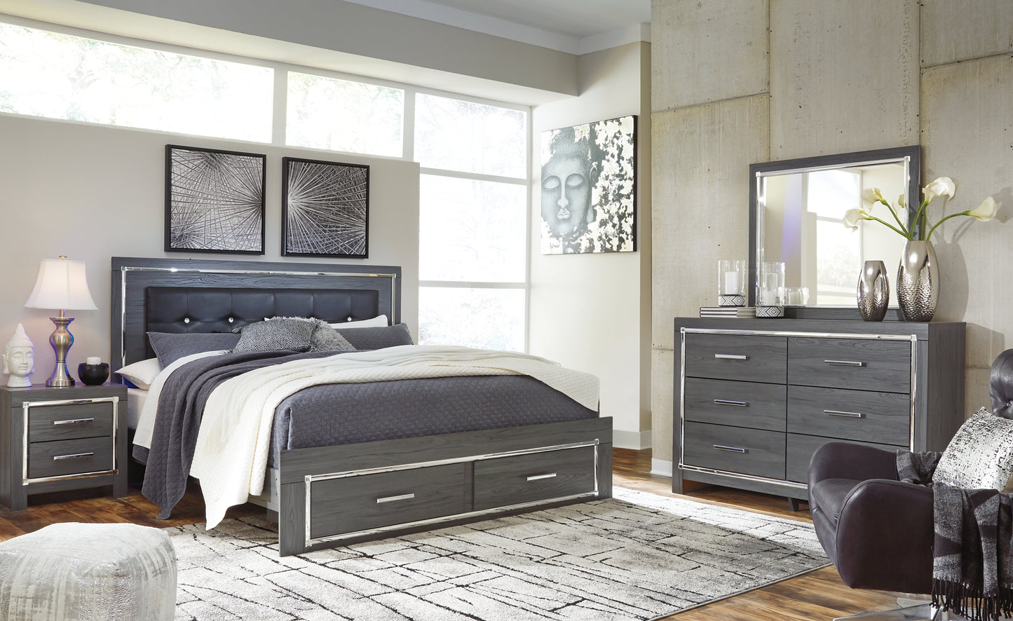 Lodanna King Panel Bed with 2 Storage Drawers with Mirrored Dresser, Chest and Nightstand Wilson Furniture (OH)  in Bridgeport, Ohio. Serving Bridgeport, Yorkville, Bellaire, & Avondale
