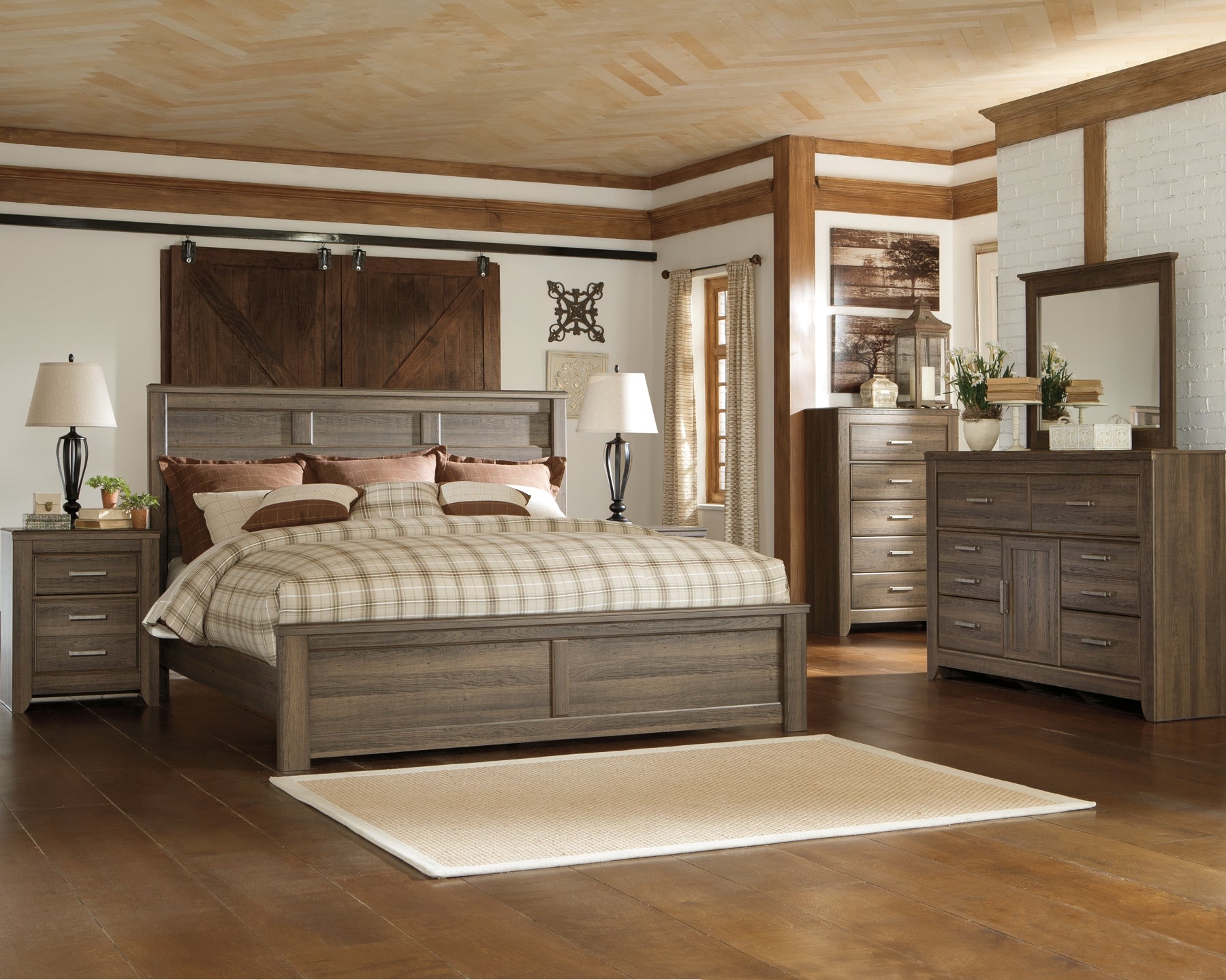 Juararo Queen Panel Bed with Mirrored Dresser and Chest Wilson Furniture (OH)  in Bridgeport, Ohio. Serving Bridgeport, Yorkville, Bellaire, & Avondale