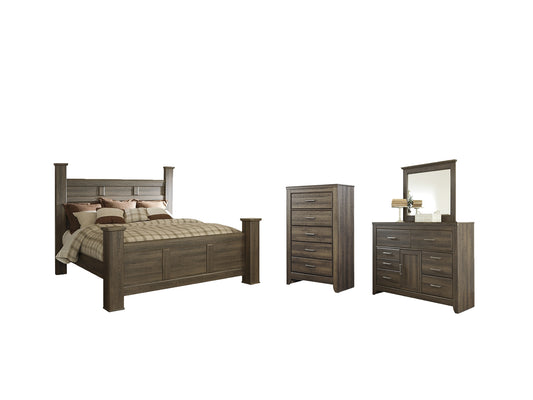 Juararo California King Poster Bed with Mirrored Dresser and Chest Wilson Furniture (OH)  in Bridgeport, Ohio. Serving Bridgeport, Yorkville, Bellaire, & Avondale