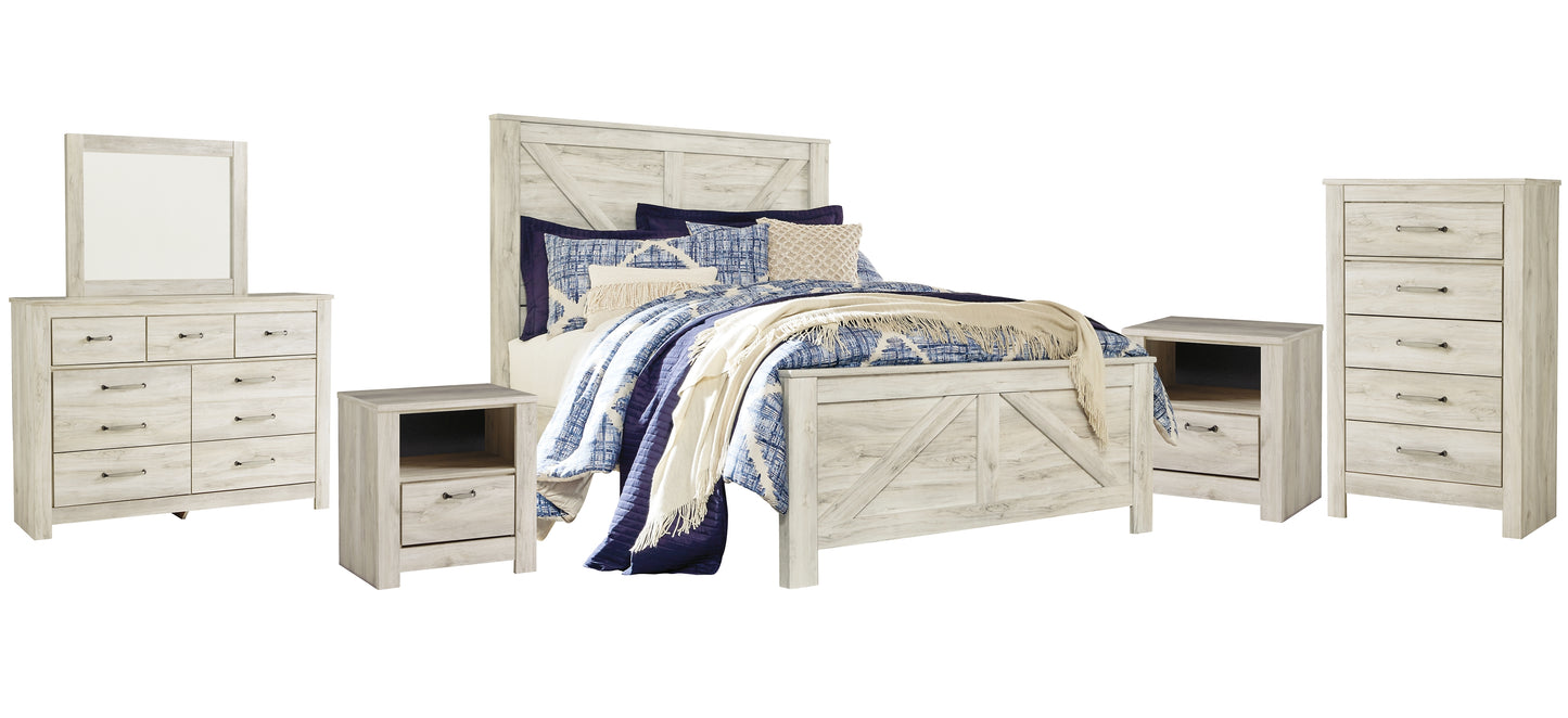 Bellaby Queen Crossbuck Panel Bed with Mirrored Dresser, Chest and 2 Nightstands Wilson Furniture (OH)  in Bridgeport, Ohio. Serving Bridgeport, Yorkville, Bellaire, & Avondale