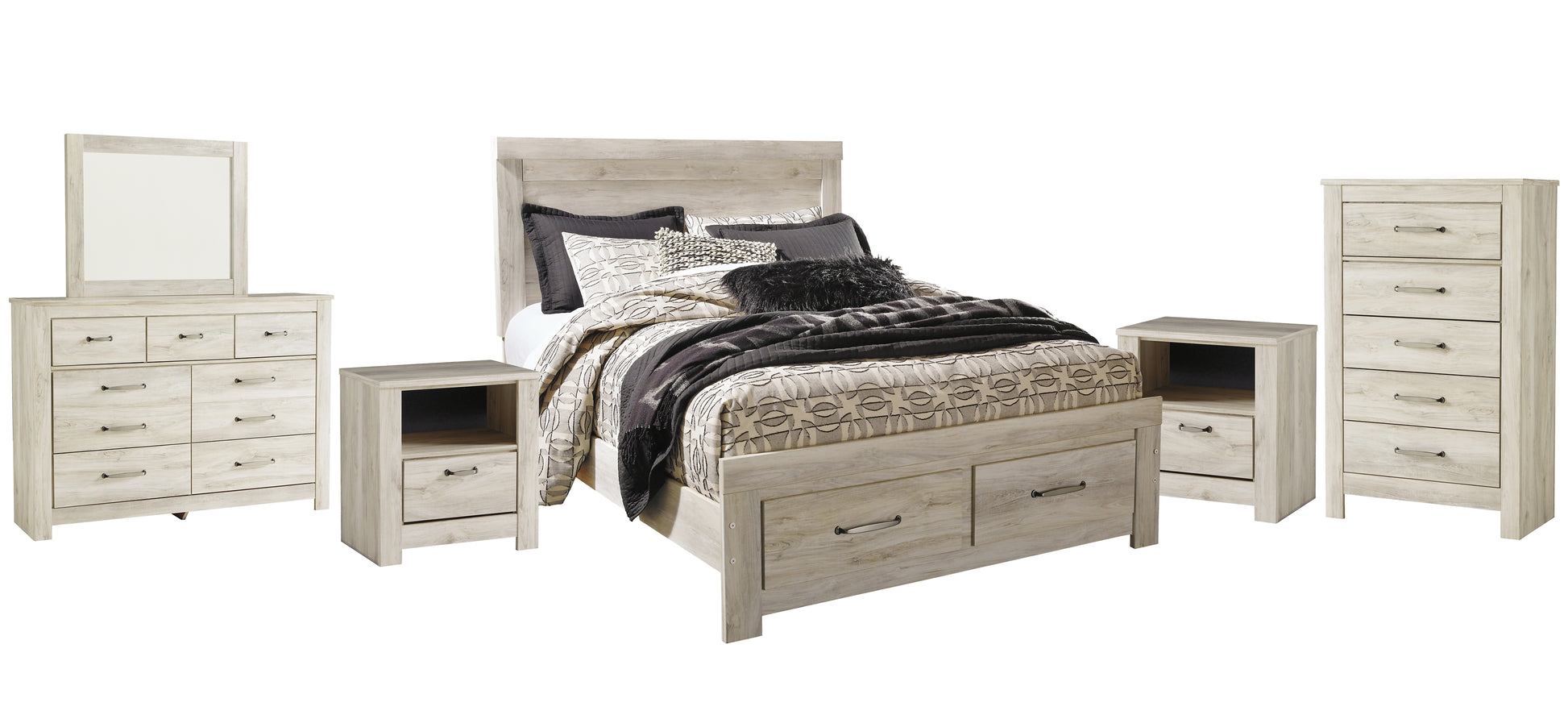 Bellaby Queen Platform Bed with 2 Storage Drawers with Mirrored Dresser, Chest and 2 Nightstands Wilson Furniture (OH)  in Bridgeport, Ohio. Serving Bridgeport, Yorkville, Bellaire, & Avondale