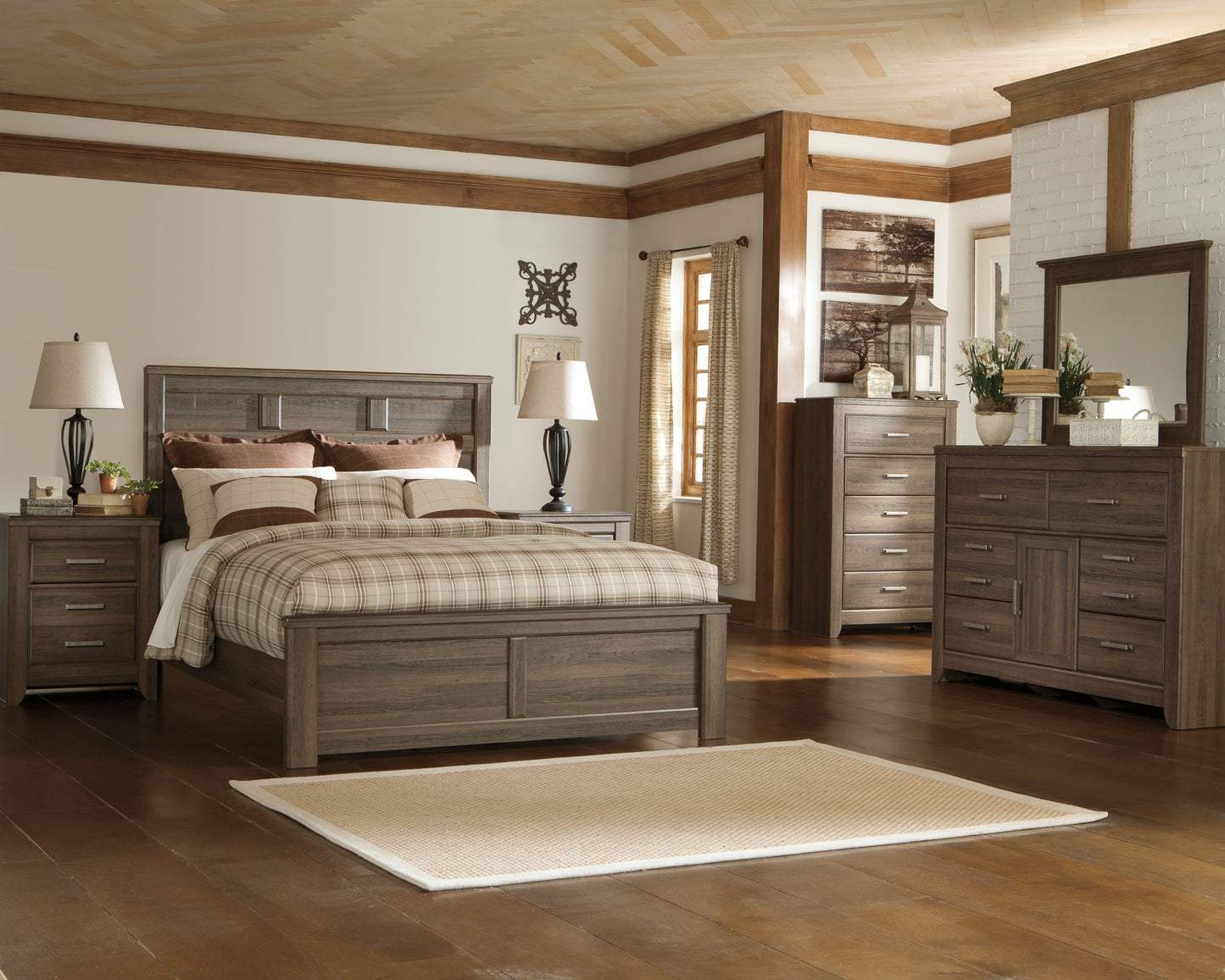 Juararo Queen Panel Bed with Mirrored Dresser Wilson Furniture (OH)  in Bridgeport, Ohio. Serving Bridgeport, Yorkville, Bellaire, & Avondale