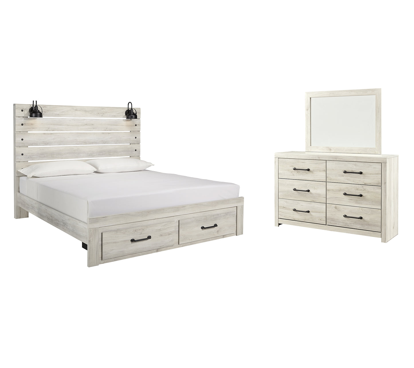 Cambeck King Panel Bed with 2 Storage Drawers with Mirrored Dresser Wilson Furniture (OH)  in Bridgeport, Ohio. Serving Bridgeport, Yorkville, Bellaire, & Avondale