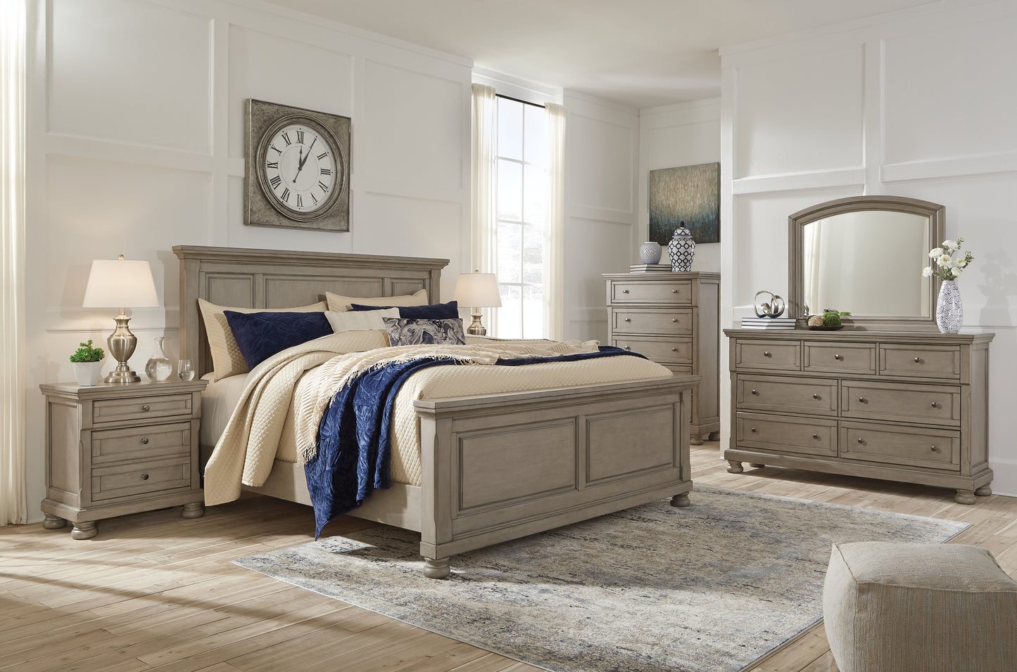 Lettner California King Panel Bed with Mirrored Dresser, Chest and 2 Nightstands Wilson Furniture (OH)  in Bridgeport, Ohio. Serving Bridgeport, Yorkville, Bellaire, & Avondale