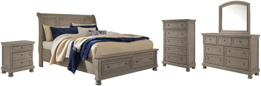 Lettner King Sleigh Bed with 2 Storage Drawers with Mirrored Dresser, Chest and Nightstand Wilson Furniture (OH)  in Bridgeport, Ohio. Serving Bridgeport, Yorkville, Bellaire, & Avondale