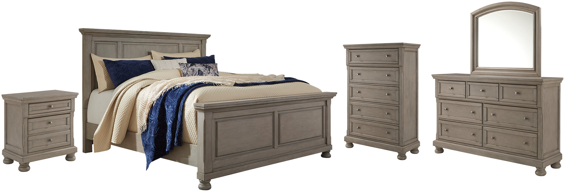 Lettner California King Panel Bed with Mirrored Dresser, Chest and Nightstand Wilson Furniture (OH)  in Bridgeport, Ohio. Serving Bridgeport, Yorkville, Bellaire, & Avondale