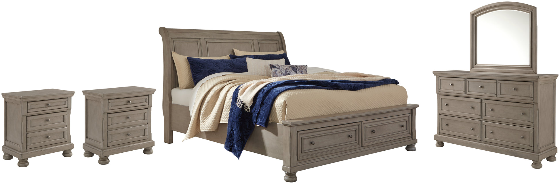 Lettner King Sleigh Bed with 2 Storage Drawers with Mirrored Dresser and 2 Nightstands Wilson Furniture (OH)  in Bridgeport, Ohio. Serving Bridgeport, Yorkville, Bellaire, & Avondale