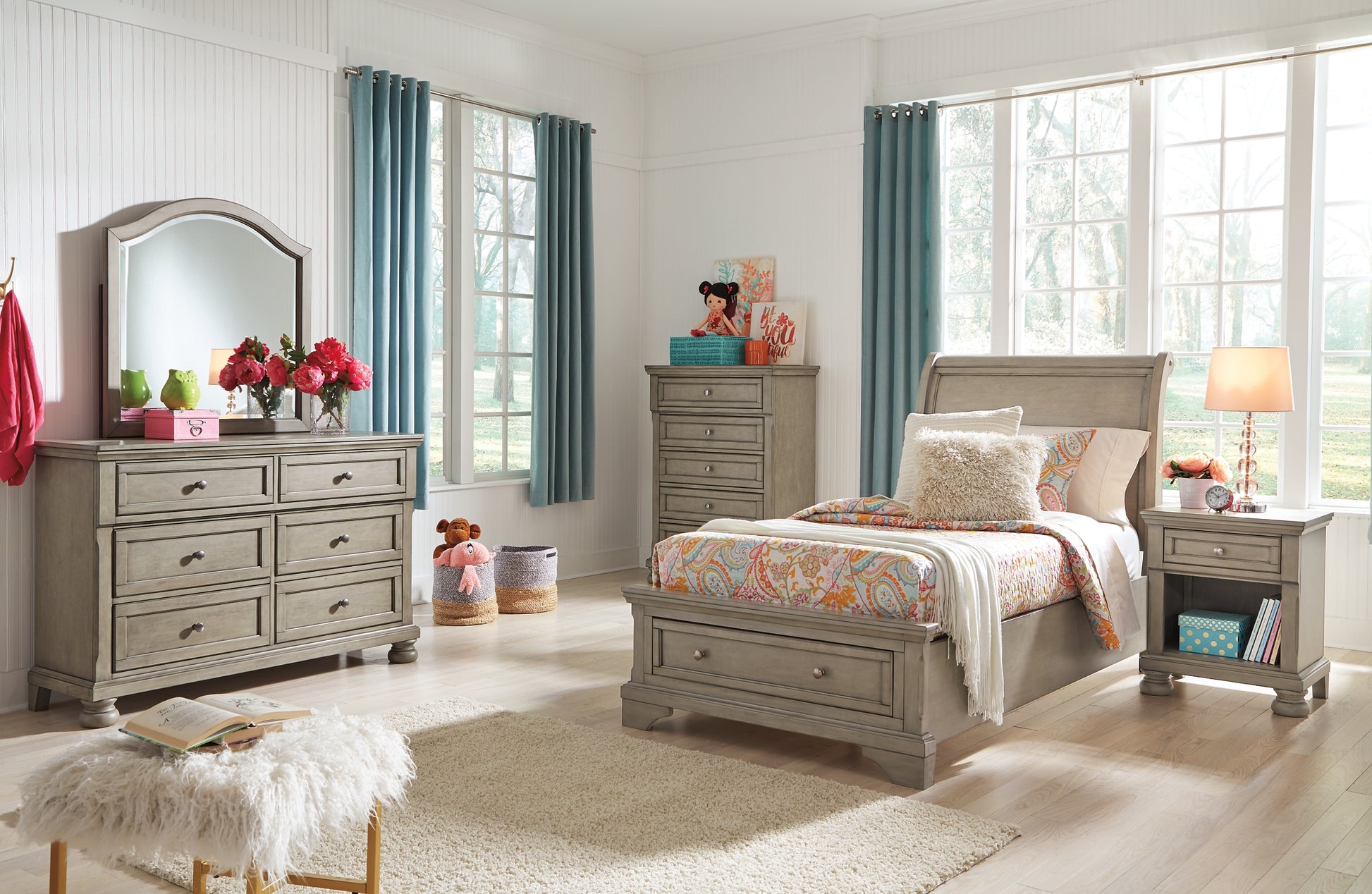 Lettner Twin Sleigh Bed with Mirrored Dresser and Chest Wilson Furniture (OH)  in Bridgeport, Ohio. Serving Bridgeport, Yorkville, Bellaire, & Avondale