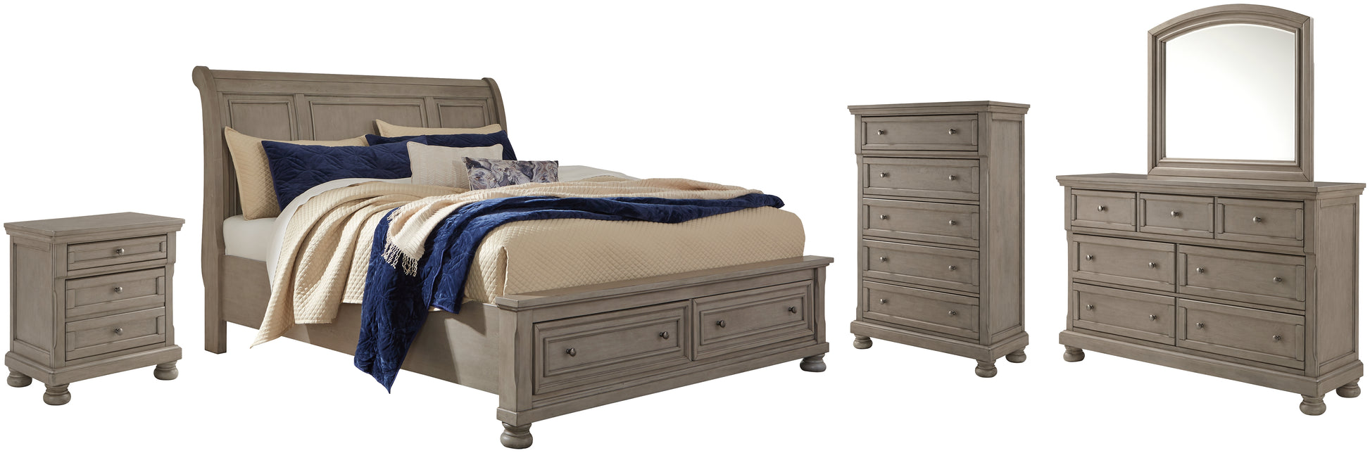 Lettner California King Sleigh Bed with Mirrored Dresser, Chest and Nightstand Wilson Furniture (OH)  in Bridgeport, Ohio. Serving Bridgeport, Yorkville, Bellaire, & Avondale