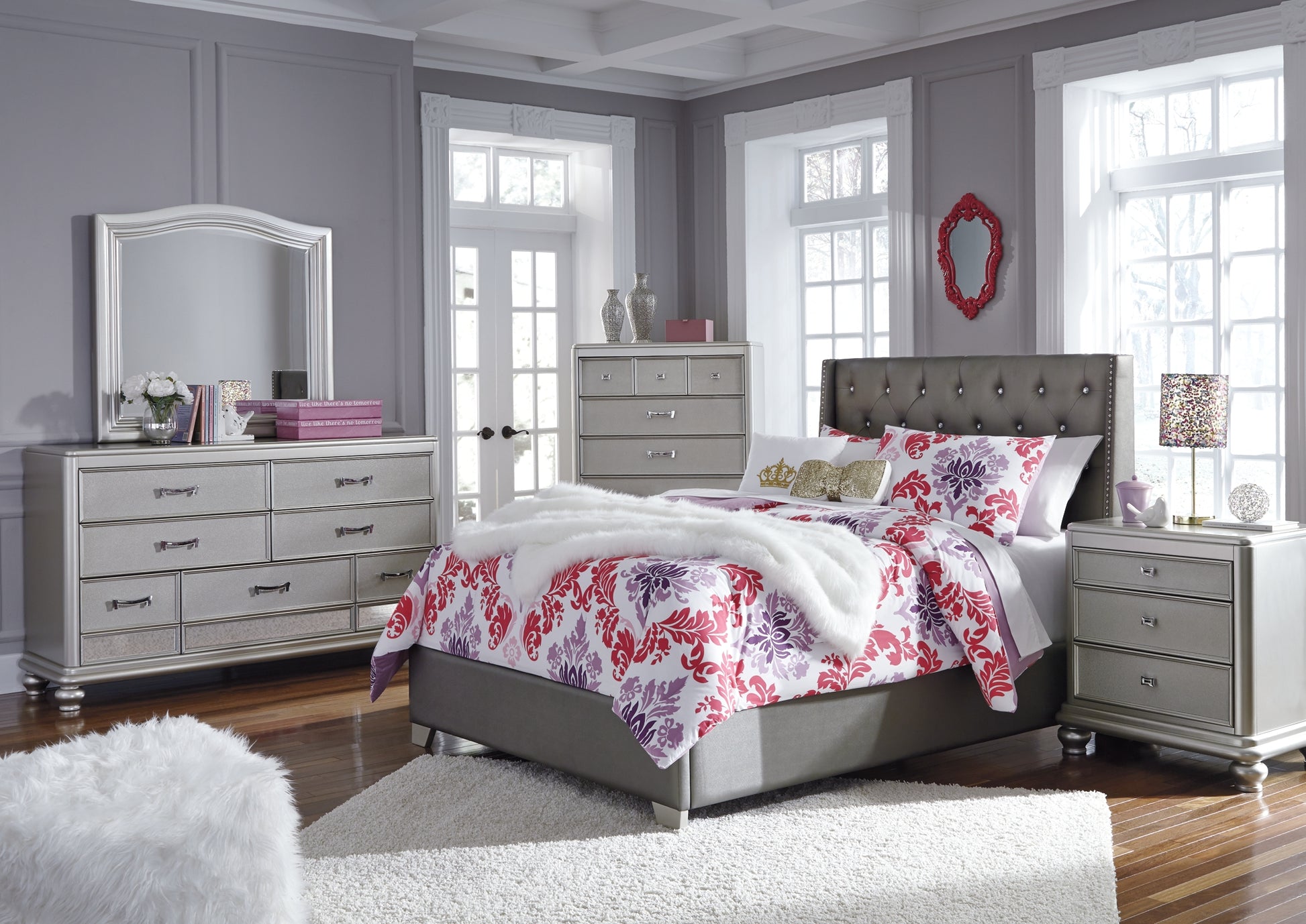 Coralayne Full Upholstered Bed with Mirrored Dresser, Chest and 2 Nightstands Wilson Furniture (OH)  in Bridgeport, Ohio. Serving Bridgeport, Yorkville, Bellaire, & Avondale