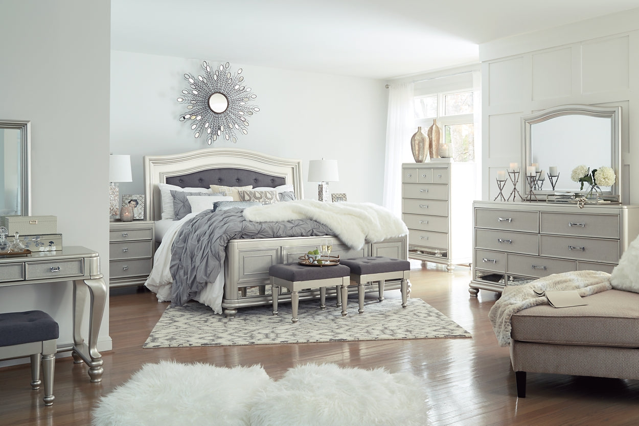 Coralayne King Upholstered Sleigh Bed with Mirrored Dresser and Chest Wilson Furniture (OH)  in Bridgeport, Ohio. Serving Bridgeport, Yorkville, Bellaire, & Avondale