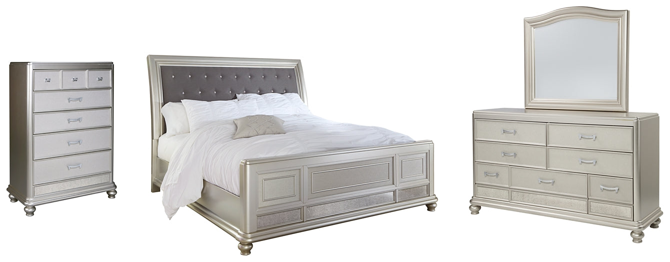 Coralayne King Upholstered Sleigh Bed with Mirrored Dresser and Chest Wilson Furniture (OH)  in Bridgeport, Ohio. Serving Bridgeport, Yorkville, Bellaire, & Avondale