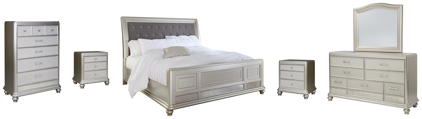 Coralayne Queen Upholstered Sleigh Bed with Mirrored Dresser, Chest and 2 Nightstands Wilson Furniture (OH)  in Bridgeport, Ohio. Serving Bridgeport, Yorkville, Bellaire, & Avondale