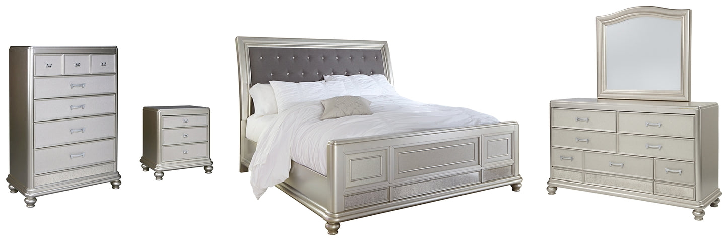 Coralayne California King Upholstered Sleigh Bed with Mirrored Dresser, Chest and Nightstand Wilson Furniture (OH)  in Bridgeport, Ohio. Serving Bridgeport, Yorkville, Bellaire, & Avondale