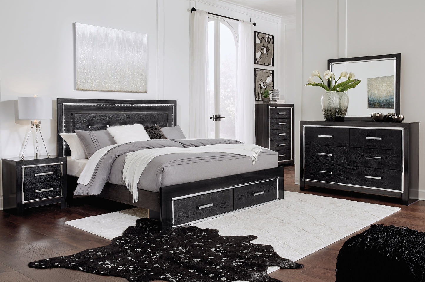 Kaydell King Panel Bed with Storage with Mirrored Dresser, Chest and Nightstand Wilson Furniture (OH)  in Bridgeport, Ohio. Serving Bridgeport, Yorkville, Bellaire, & Avondale
