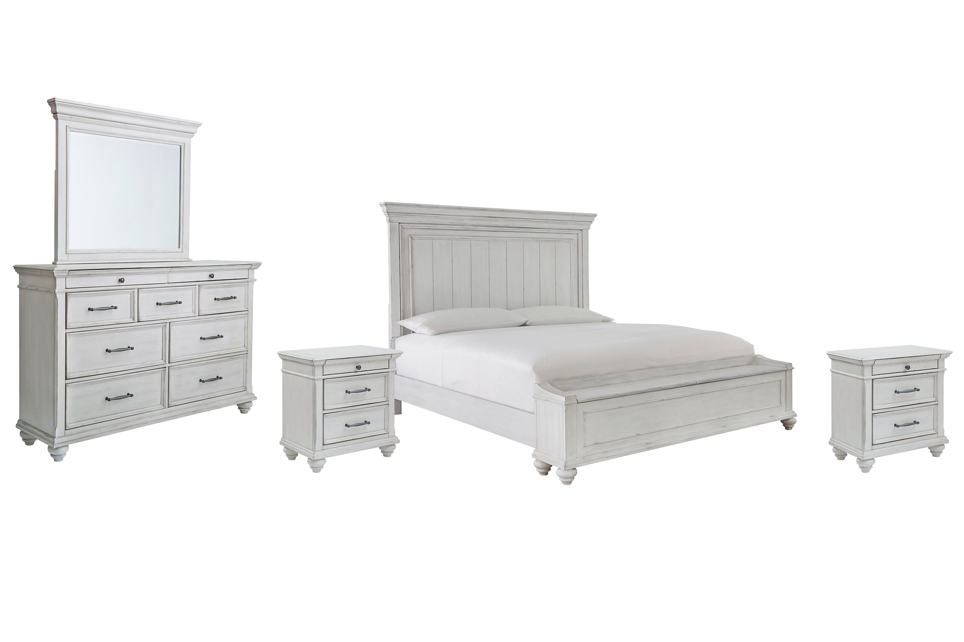 Kanwyn King Panel Bed with Storage with Mirrored Dresser and 2 Nightstands Wilson Furniture (OH)  in Bridgeport, Ohio. Serving Bridgeport, Yorkville, Bellaire, & Avondale