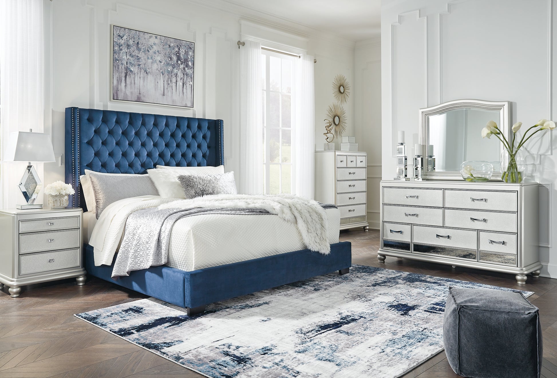 Coralayne California King Upholstered Bed with Mirrored Dresser Wilson Furniture (OH)  in Bridgeport, Ohio. Serving Bridgeport, Yorkville, Bellaire, & Avondale