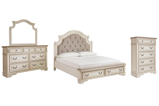 Realyn California King Upholstered Bed with Mirrored Dresser and Chest Wilson Furniture (OH)  in Bridgeport, Ohio. Serving Bridgeport, Yorkville, Bellaire, & Avondale