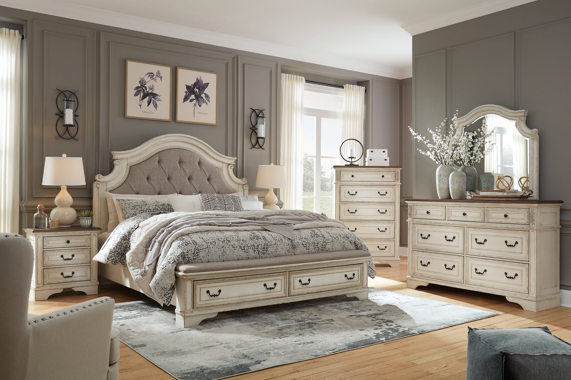 Realyn King Upholstered Bed with Mirrored Dresser Wilson Furniture (OH)  in Bridgeport, Ohio. Serving Bridgeport, Yorkville, Bellaire, & Avondale