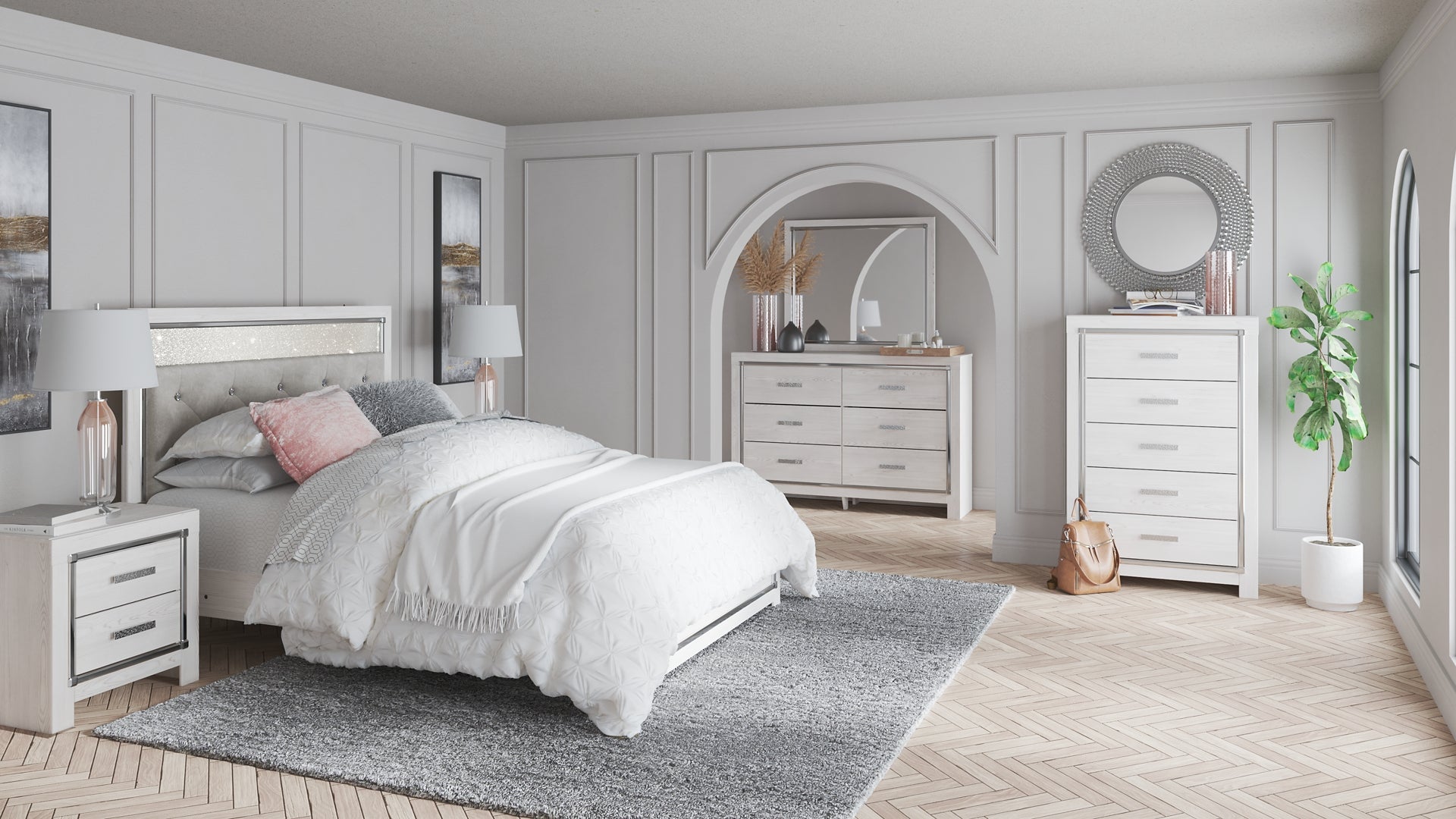 Altyra Queen Panel Bed with Mirrored Dresser and Chest Wilson Furniture (OH)  in Bridgeport, Ohio. Serving Bridgeport, Yorkville, Bellaire, & Avondale