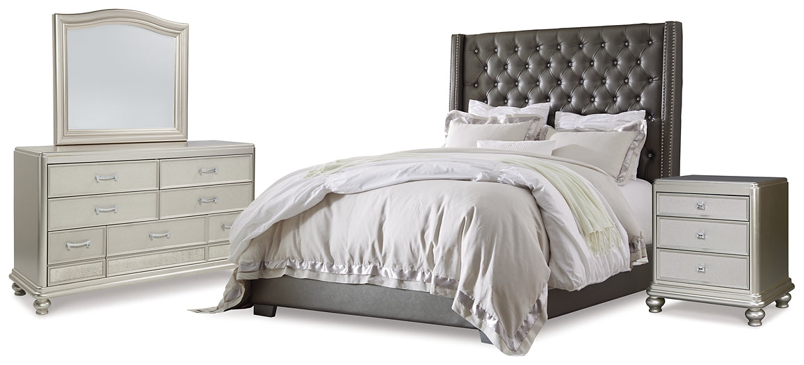 Coralayne King Upholstered Bed with Mirrored Dresser and Nightstand Wilson Furniture (OH)  in Bridgeport, Ohio. Serving Bridgeport, Yorkville, Bellaire, & Avondale