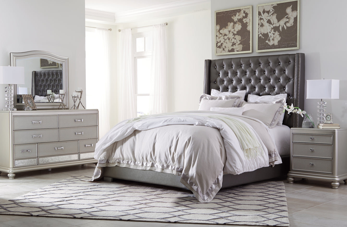 Coralayne King Upholstered Bed with Mirrored Dresser and Nightstand Wilson Furniture (OH)  in Bridgeport, Ohio. Serving Bridgeport, Yorkville, Bellaire, & Avondale