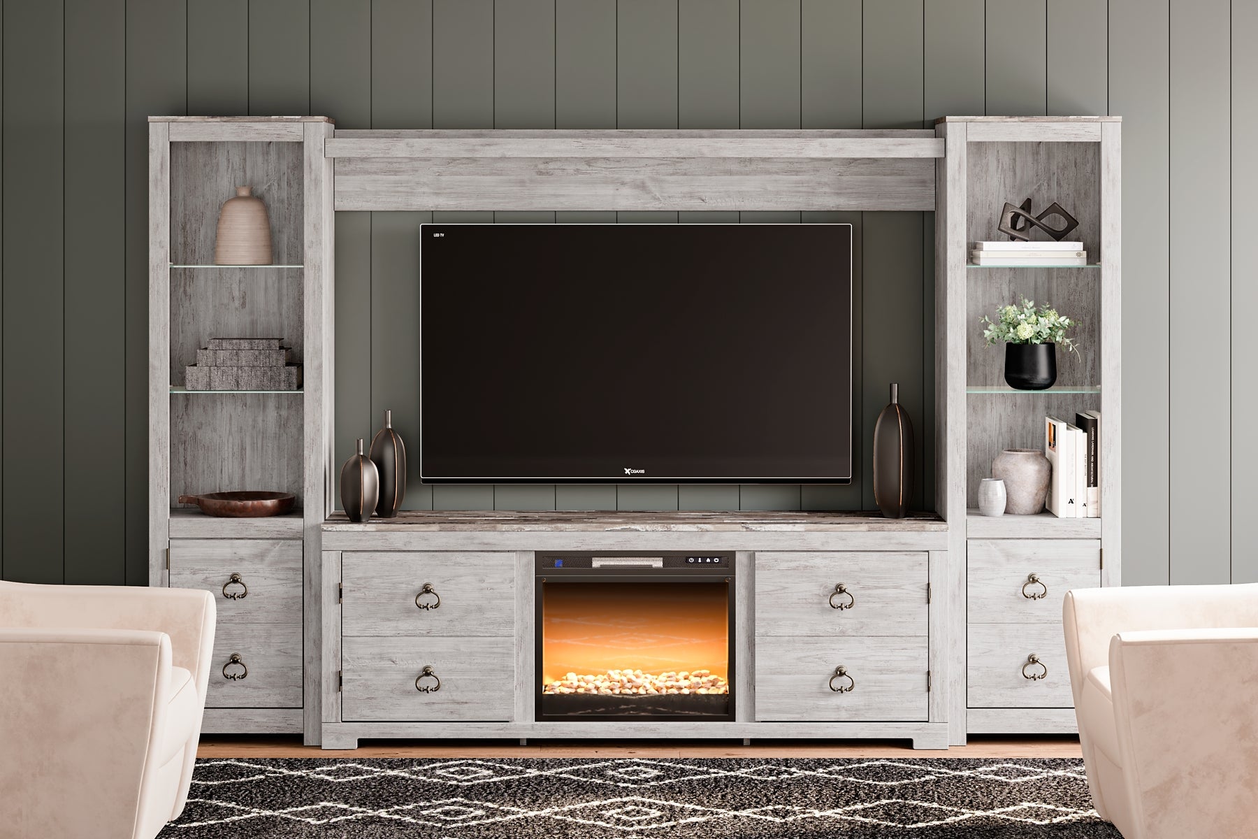 Ashley Express - Willowton 4-Piece Entertainment Center with Electric Fireplace Wilson Furniture (OH)  in Bridgeport, Ohio. Serving Bridgeport, Yorkville, Bellaire, & Avondale
