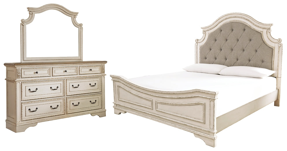 Realyn King Upholstered Panel Bed with Mirrored Dresser Wilson Furniture (OH)  in Bridgeport, Ohio. Serving Bridgeport, Yorkville, Bellaire, & Avondale