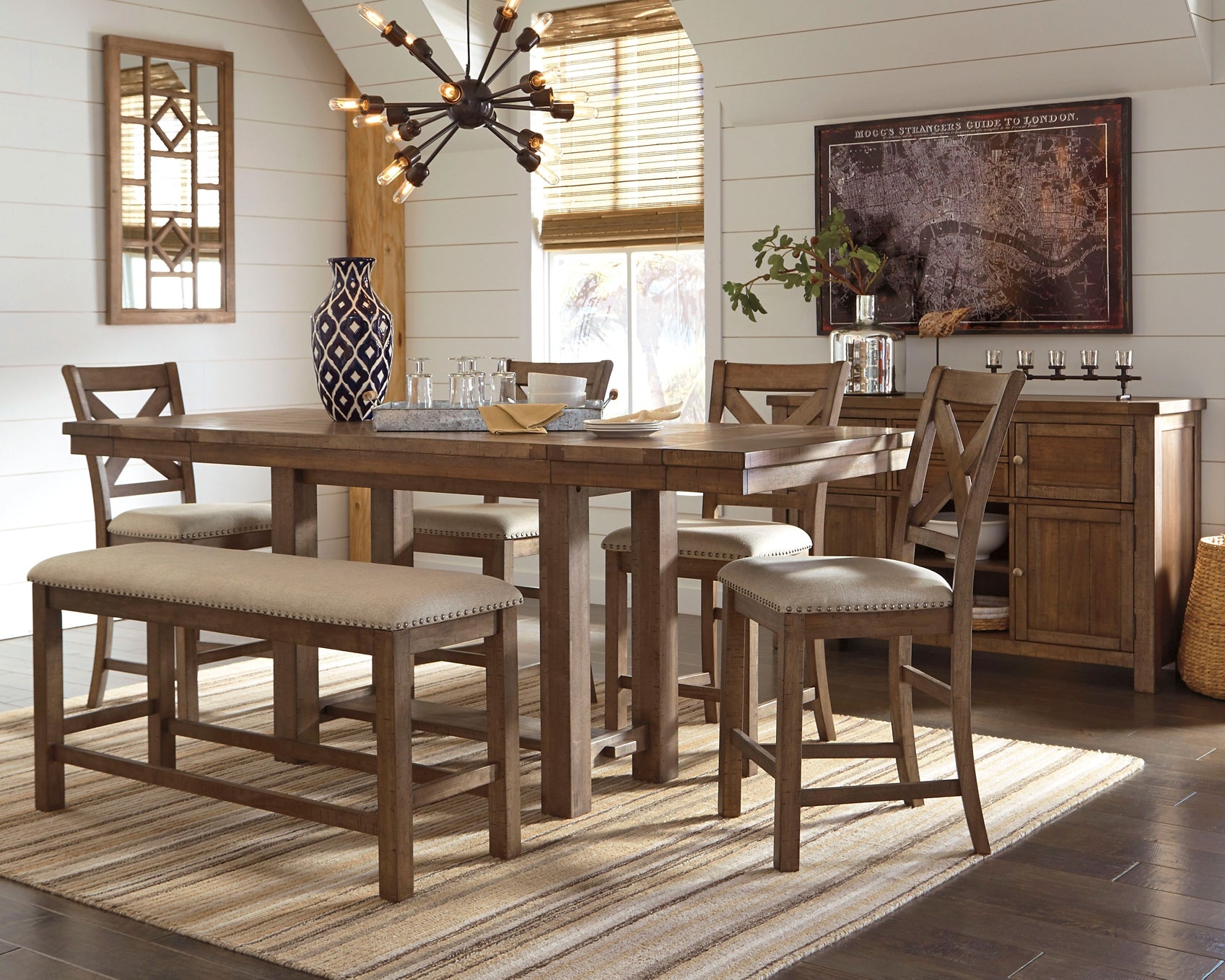 Moriville Counter Height Dining Table and 4 Barstools and Bench with Storage Wilson Furniture (OH)  in Bridgeport, Ohio. Serving Bridgeport, Yorkville, Bellaire, & Avondale