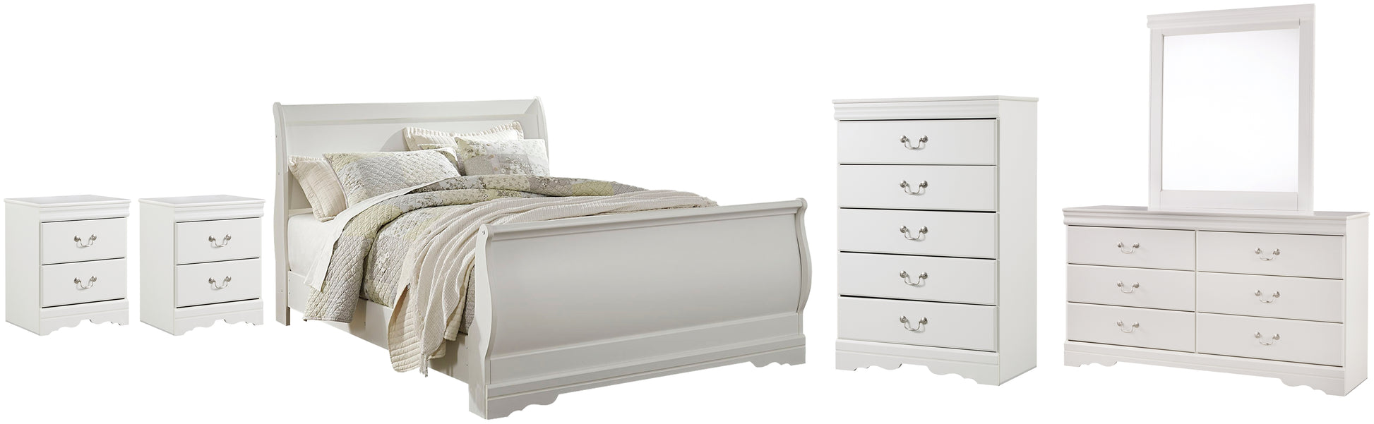 Anarasia Queen Sleigh Bed with Mirrored Dresser, Chest and 2 Nightstands Wilson Furniture (OH)  in Bridgeport, Ohio. Serving Bridgeport, Yorkville, Bellaire, & Avondale