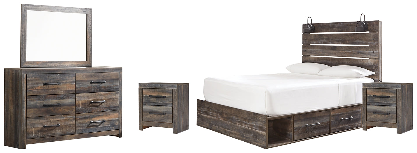 Drystan Queen Panel Bed with 4 Storage Drawers with Mirrored Dresser and 2 Nightstands Wilson Furniture (OH)  in Bridgeport, Ohio. Serving Bridgeport, Yorkville, Bellaire, & Avondale