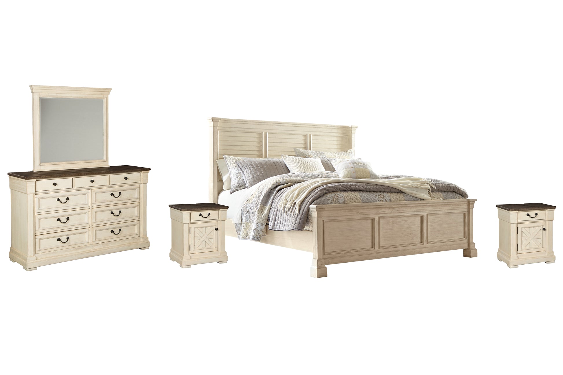 Bolanburg California King Panel Bed with Mirrored Dresser and 2 Nightstands Wilson Furniture (OH)  in Bridgeport, Ohio. Serving Bridgeport, Yorkville, Bellaire, & Avondale