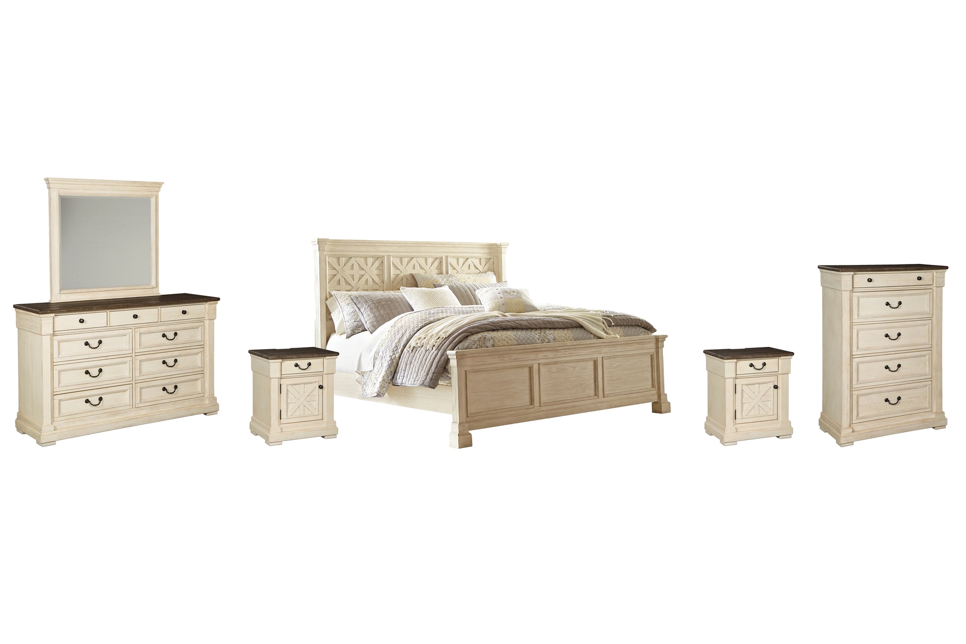 Bolanburg California King Panel Bed with Mirrored Dresser, Chest and 2 Nightstands Wilson Furniture (OH)  in Bridgeport, Ohio. Serving Bridgeport, Yorkville, Bellaire, & Avondale