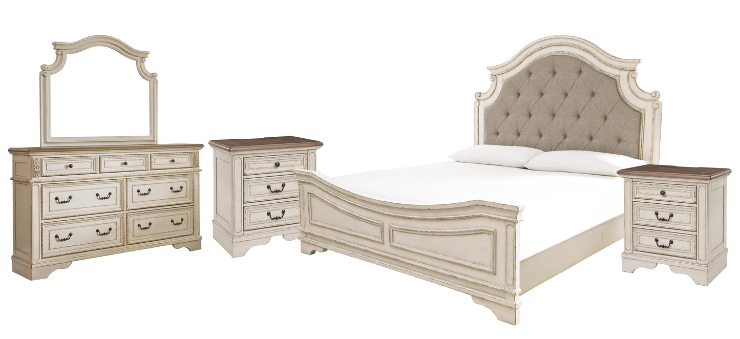 Realyn King Upholstered Panel Bed with Mirrored Dresser and 2 Nightstands Wilson Furniture (OH)  in Bridgeport, Ohio. Serving Bridgeport, Yorkville, Bellaire, & Avondale