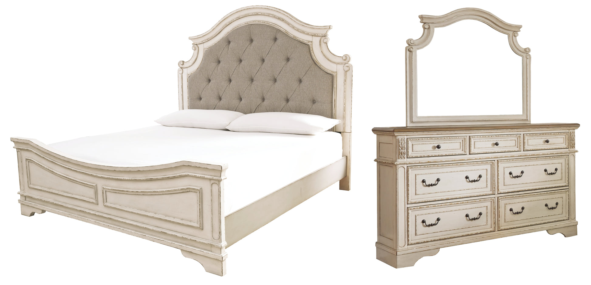 Realyn California King Upholstered Panel Bed with Mirrored Dresser Wilson Furniture (OH)  in Bridgeport, Ohio. Serving Bridgeport, Yorkville, Bellaire, & Avondale