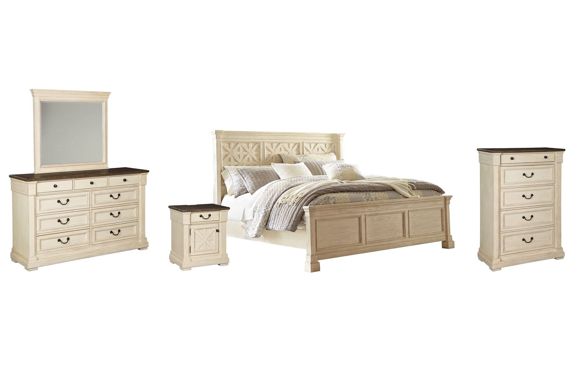 Bolanburg California King Panel Bed with Mirrored Dresser, Chest and Nightstand Wilson Furniture (OH)  in Bridgeport, Ohio. Serving Bridgeport, Yorkville, Bellaire, & Avondale