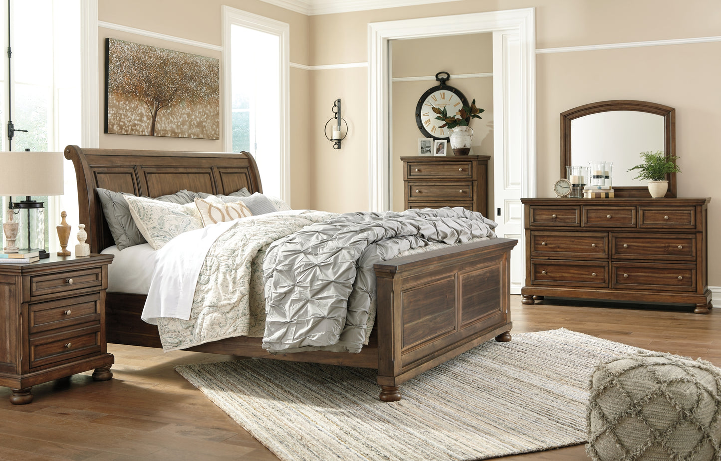 Flynnter Queen Panel Bed with 2 Storage Drawers with Mirrored Dresser, Chest and Nightstand Wilson Furniture (OH)  in Bridgeport, Ohio. Serving Bridgeport, Yorkville, Bellaire, & Avondale